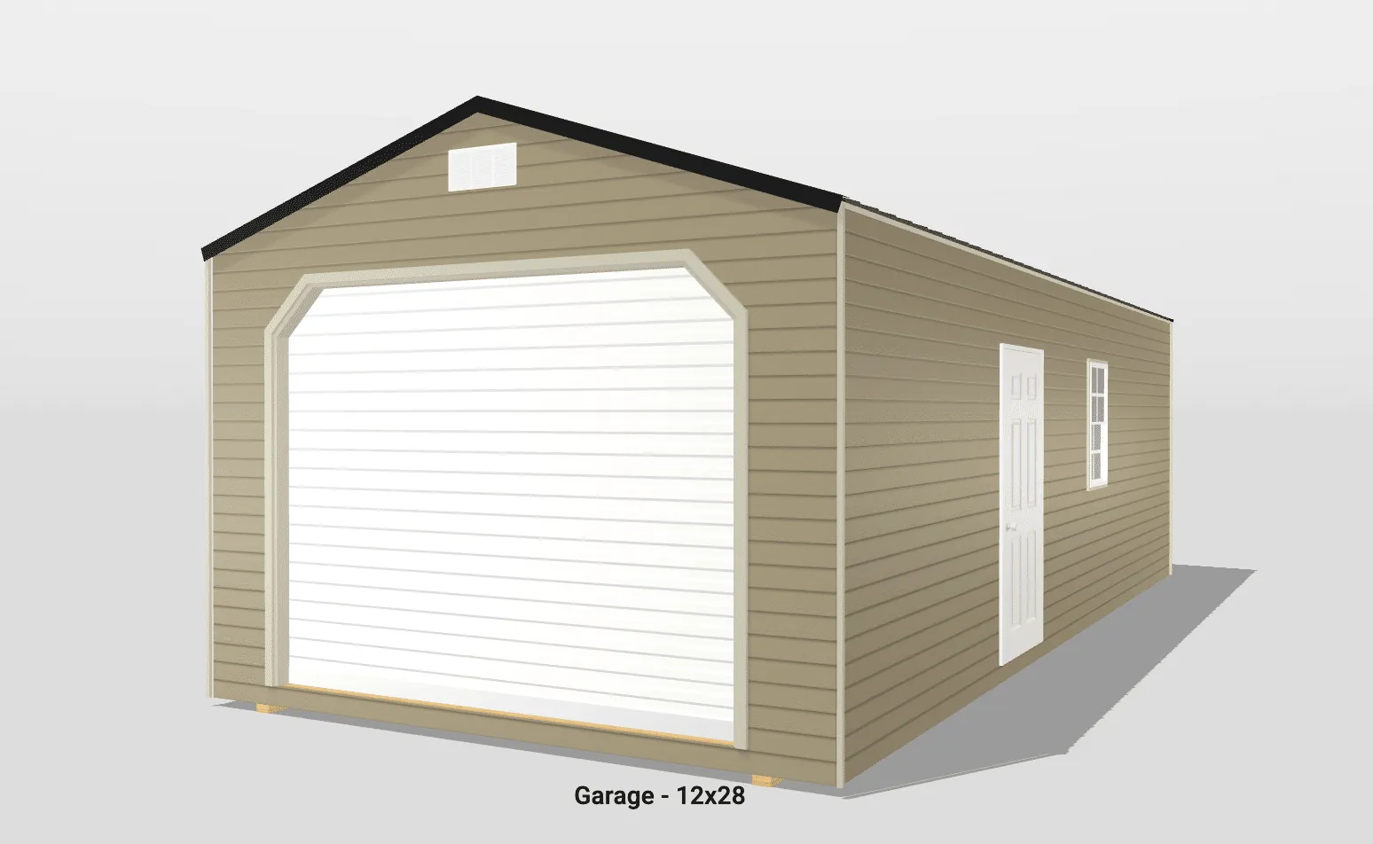 12x28 beige garage with white doors and windows