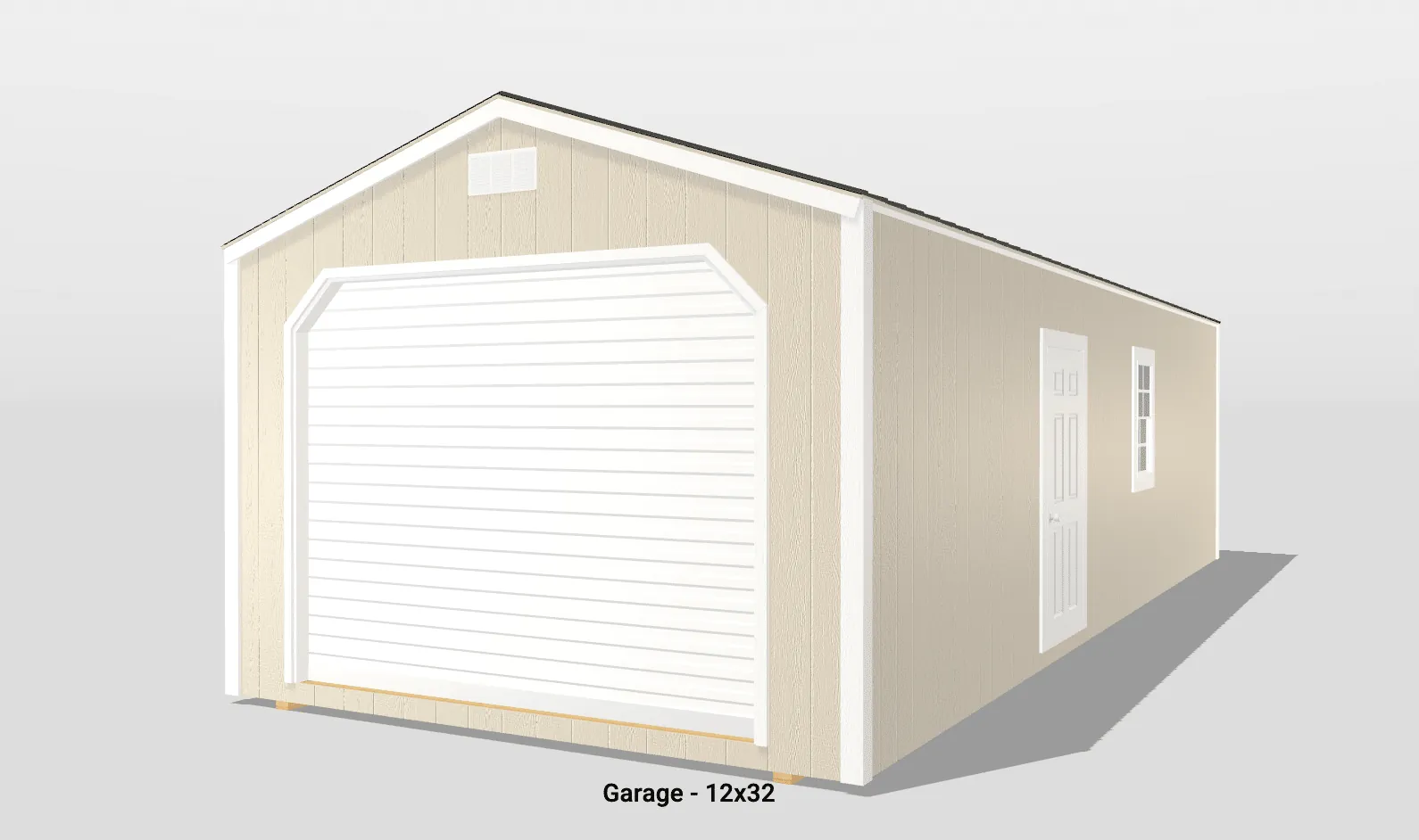 Tan garage with white door, 12x32 size.