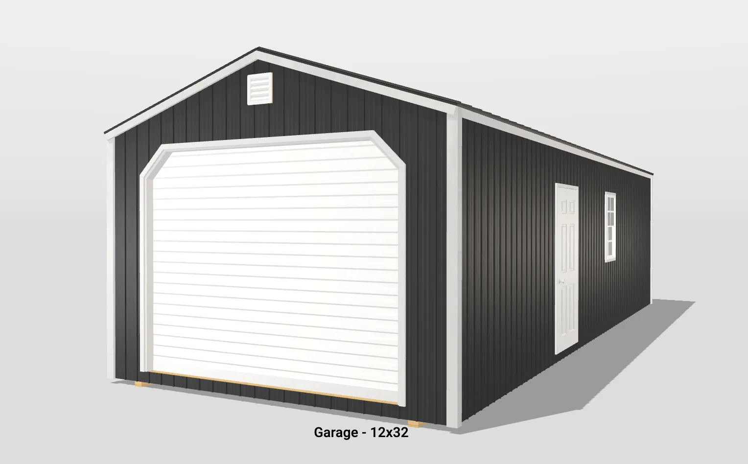 Black 12x32 garage with side door and window.