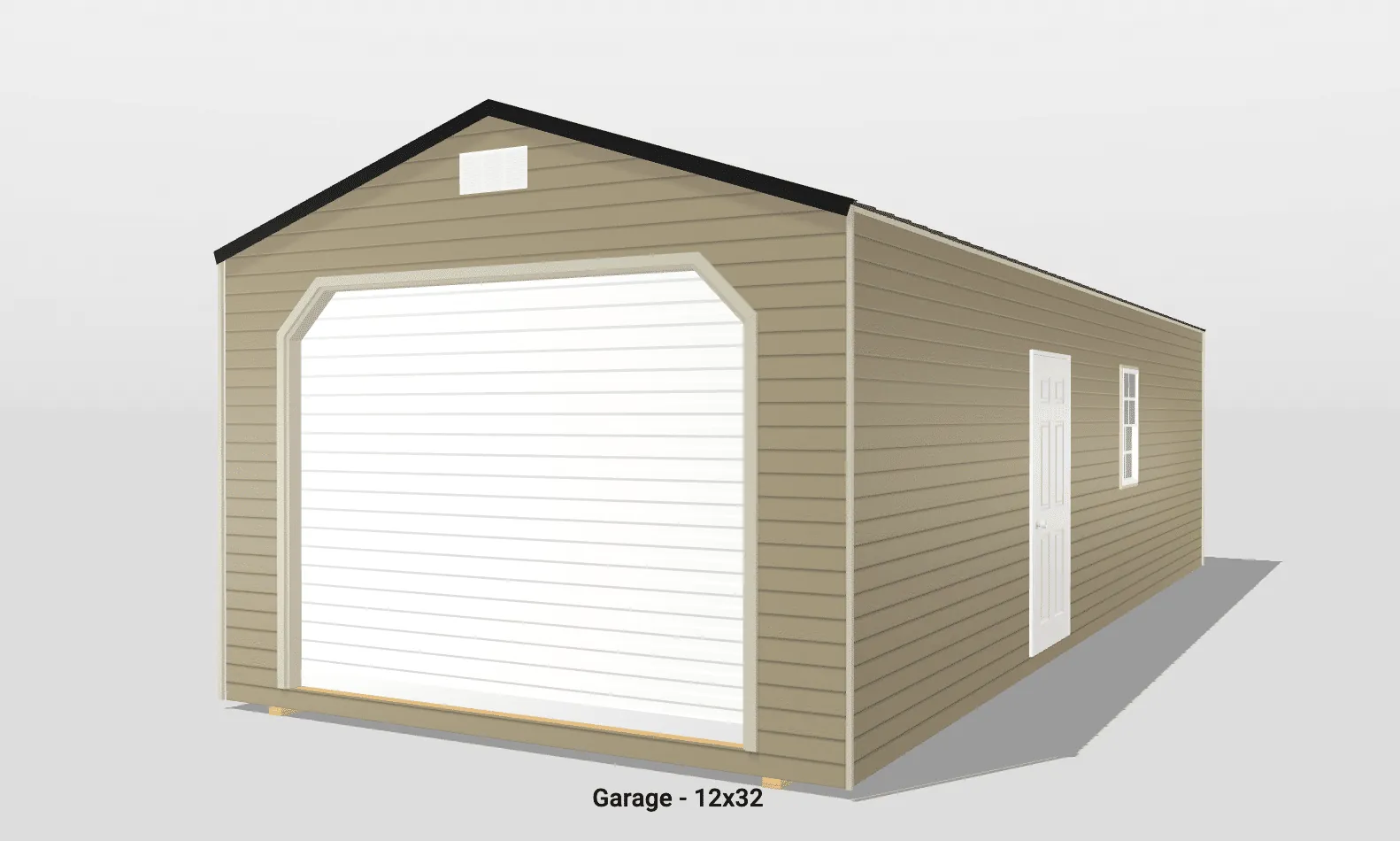 Beige 12x32 garage with white door and window.