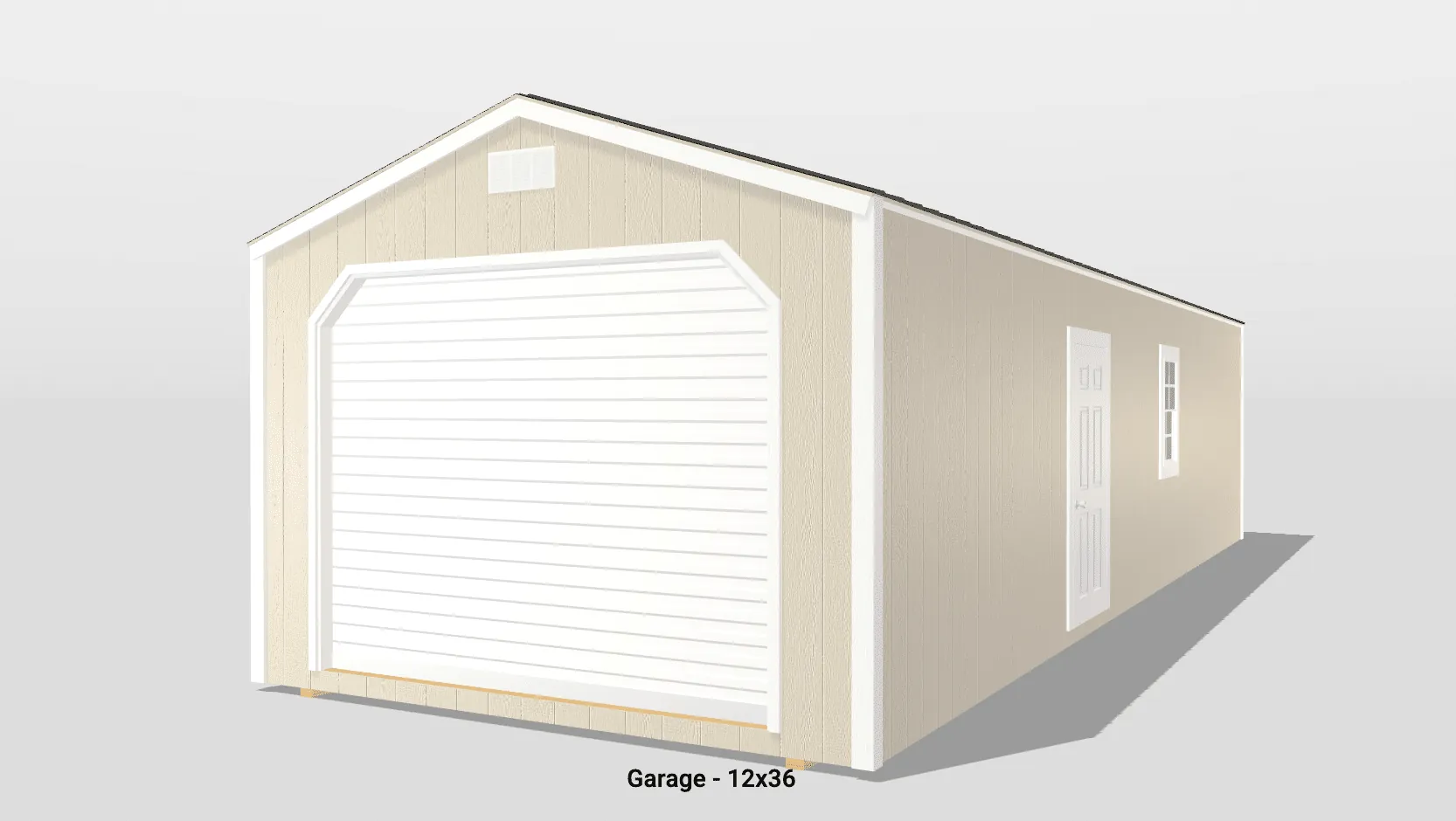 Beige garage with white doors and windows.