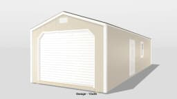 Beige garage with white doors and windows.