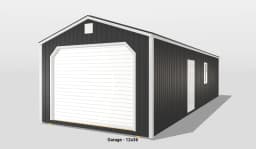 Black and white metal garage, 12x36 feet.