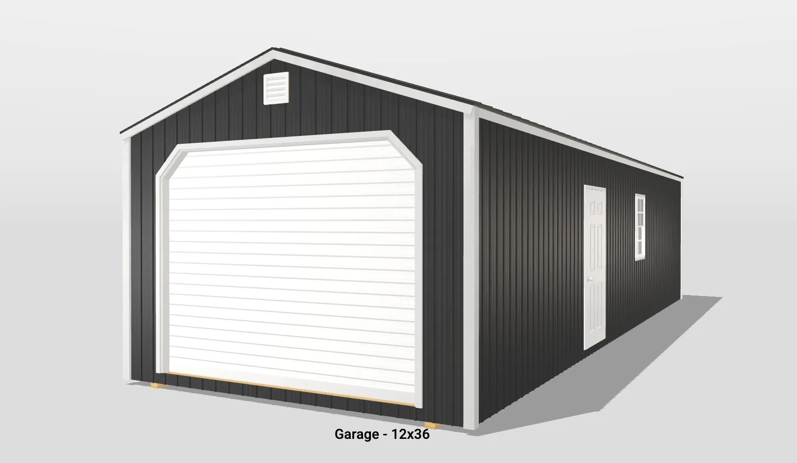 Black and white metal garage, 12x36 feet.