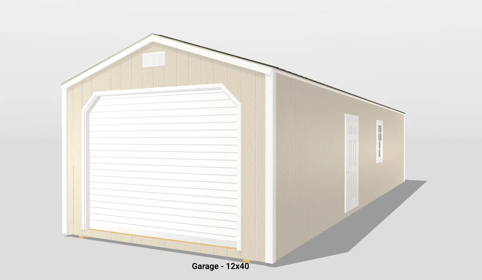 Tan 12x40 garage with side door and window.