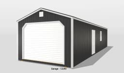 12x40 black metal garage with white door