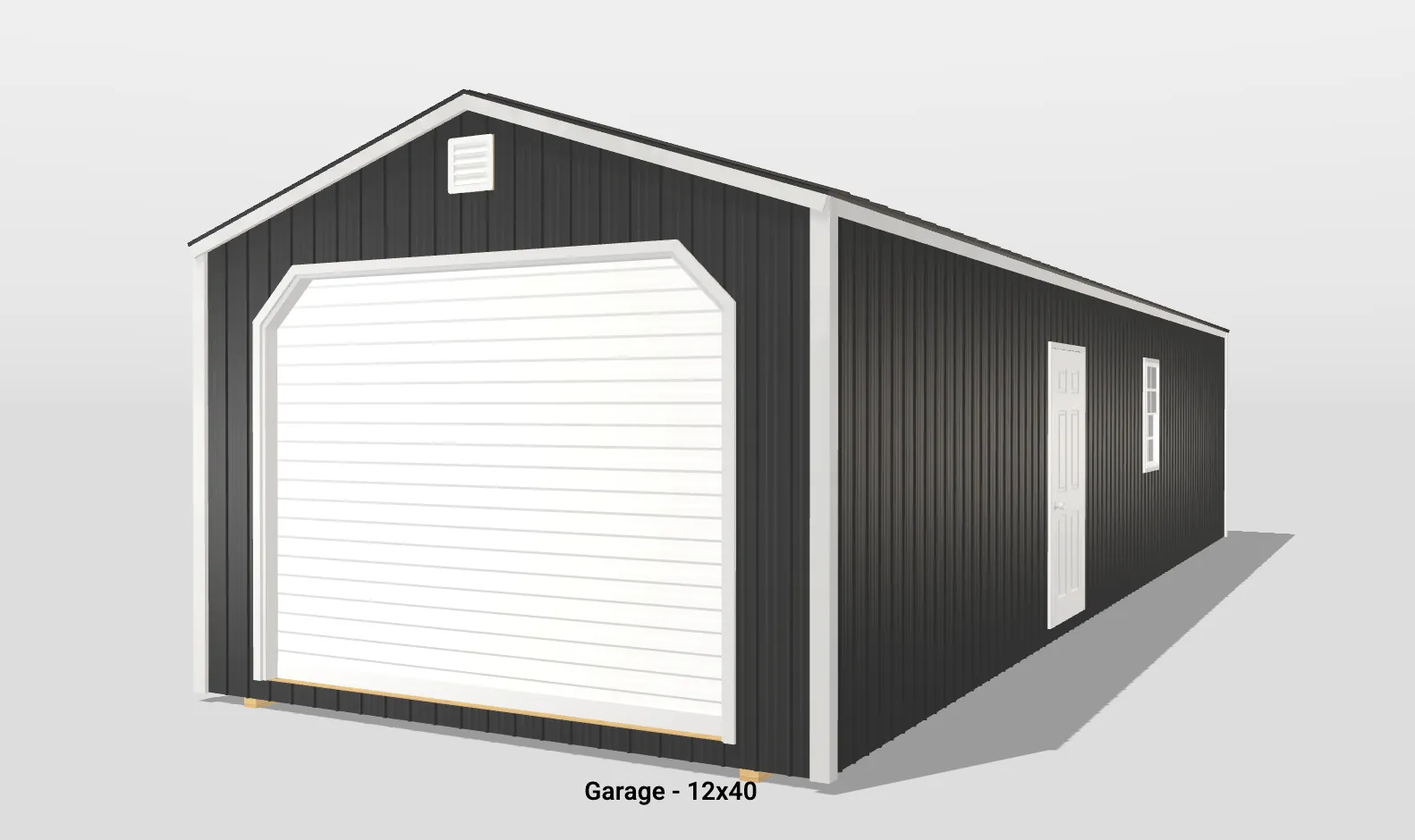 12x40 black metal garage with white door