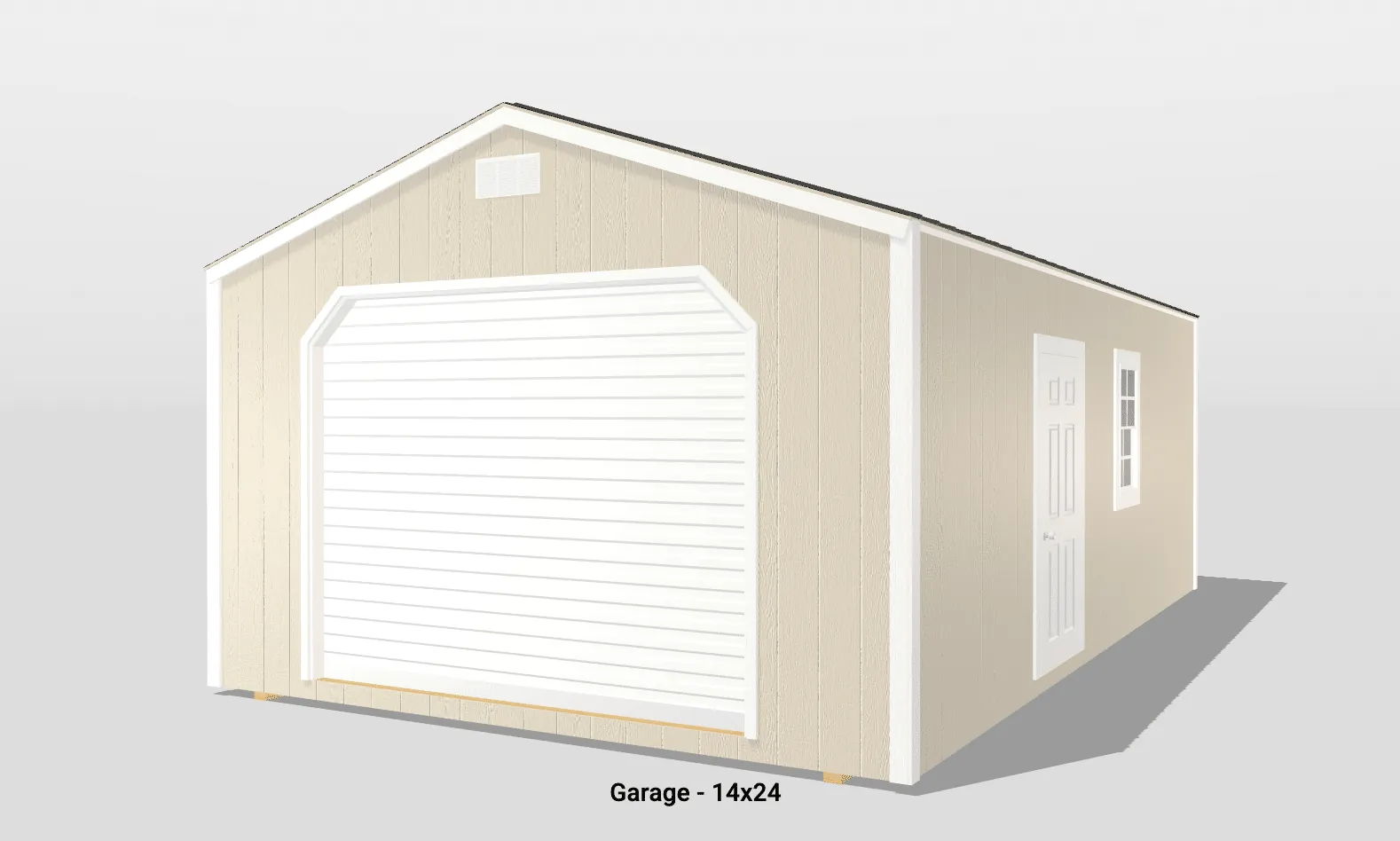 Beige garage building with door and window.