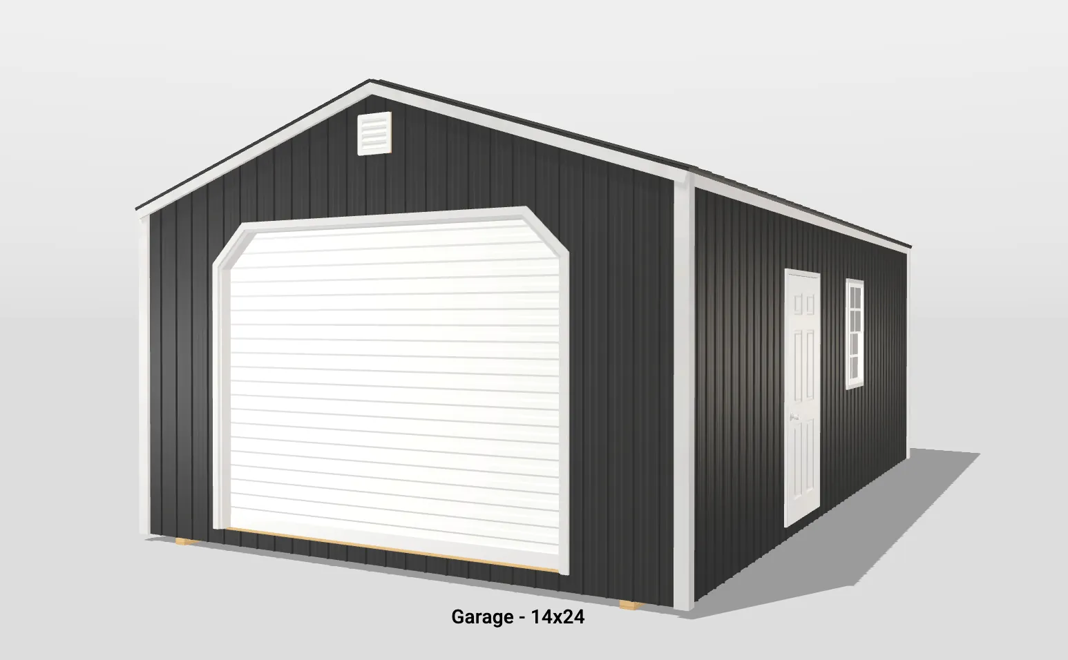 Black and white garage 14x24 with side door.