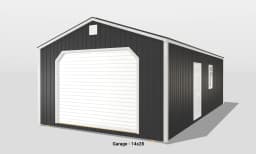 Black garage exterior with white doors, 14x28 size.