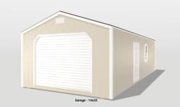Beige garage with white doors, dimensions 14x32.