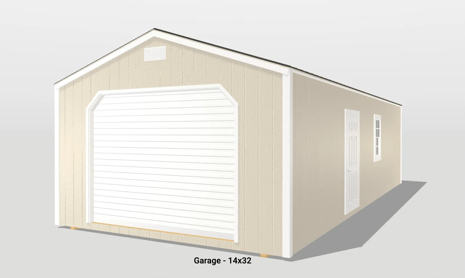Beige garage with white doors, dimensions 14x32.