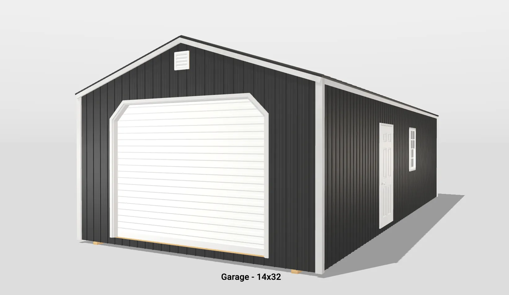 Black garage with white door, 14x32 size