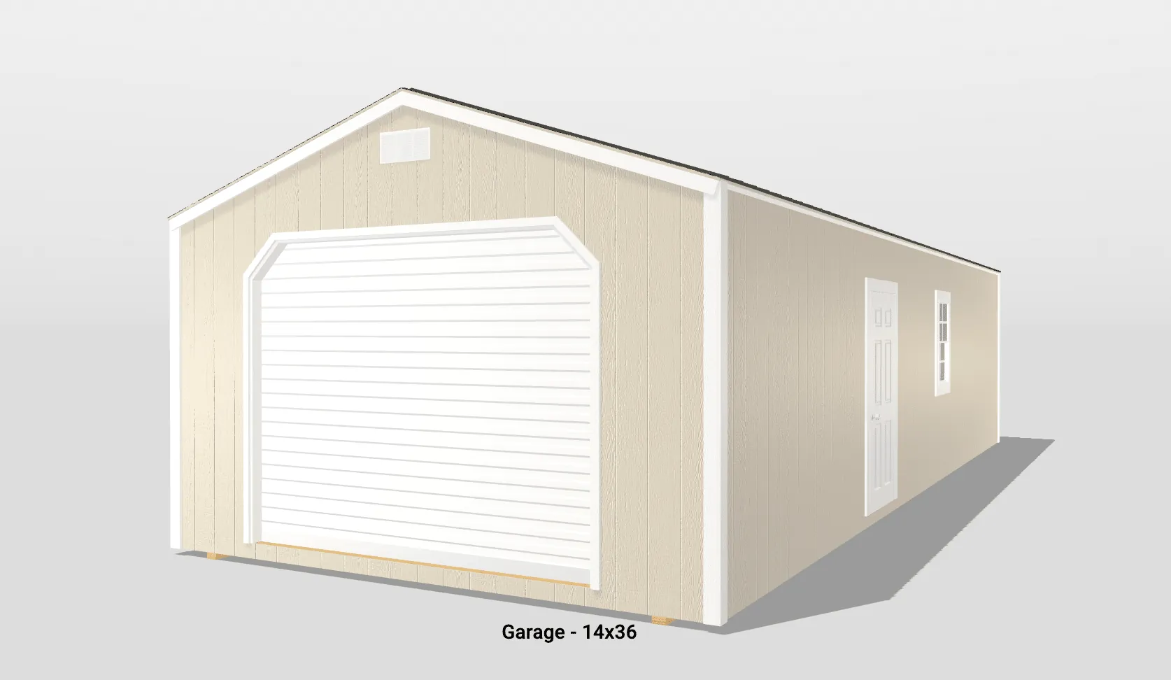 Beige garage with white doors and windows