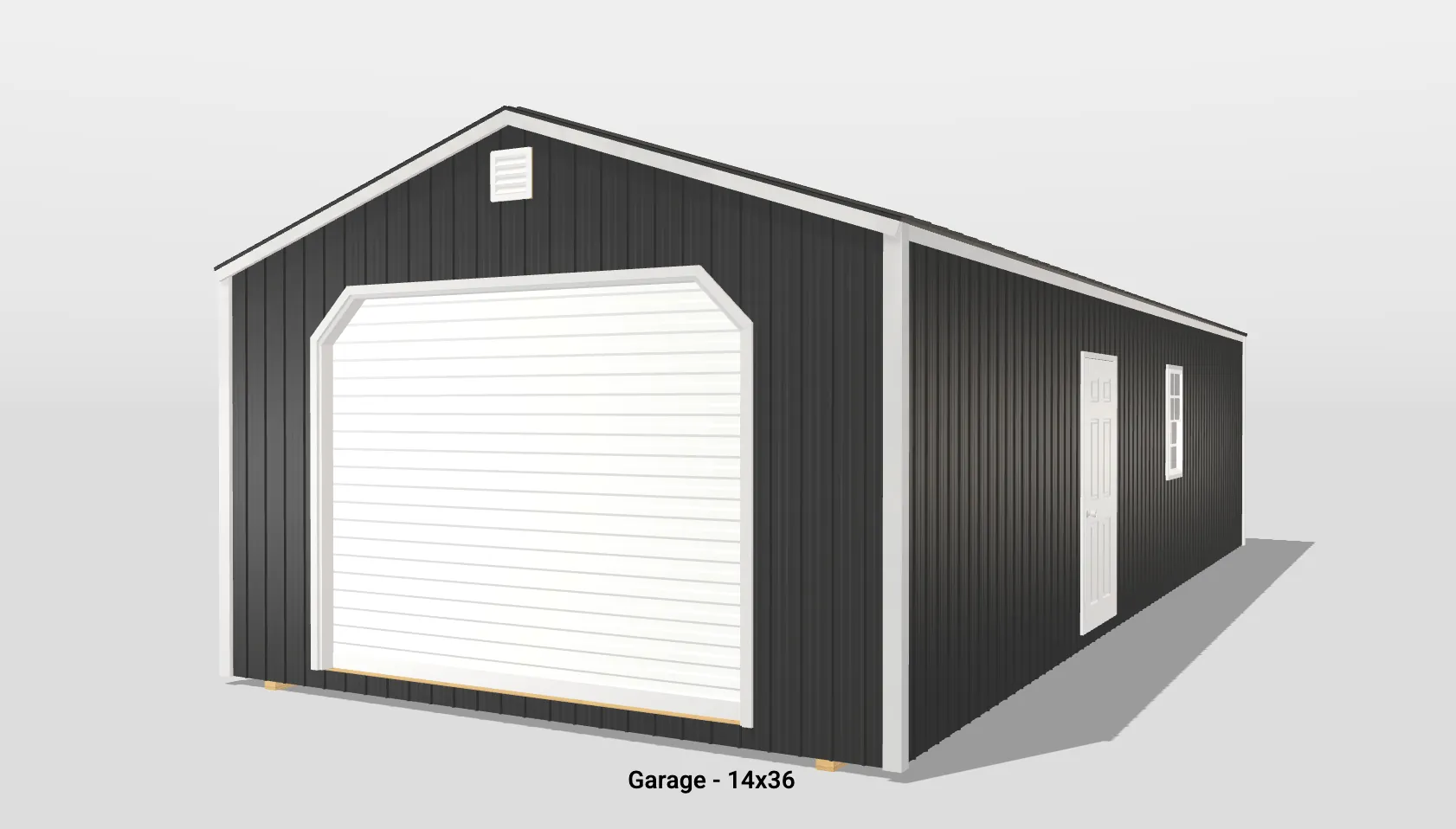 Large black garage with white door, 14x36 dimension.