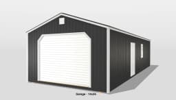 Large black garage with white door, 14x36 dimension.