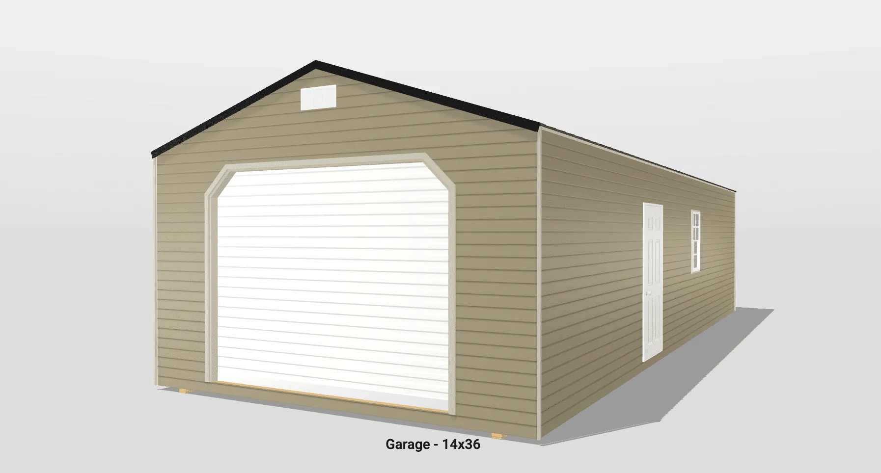 Tan 14x36 garage with white door and window.