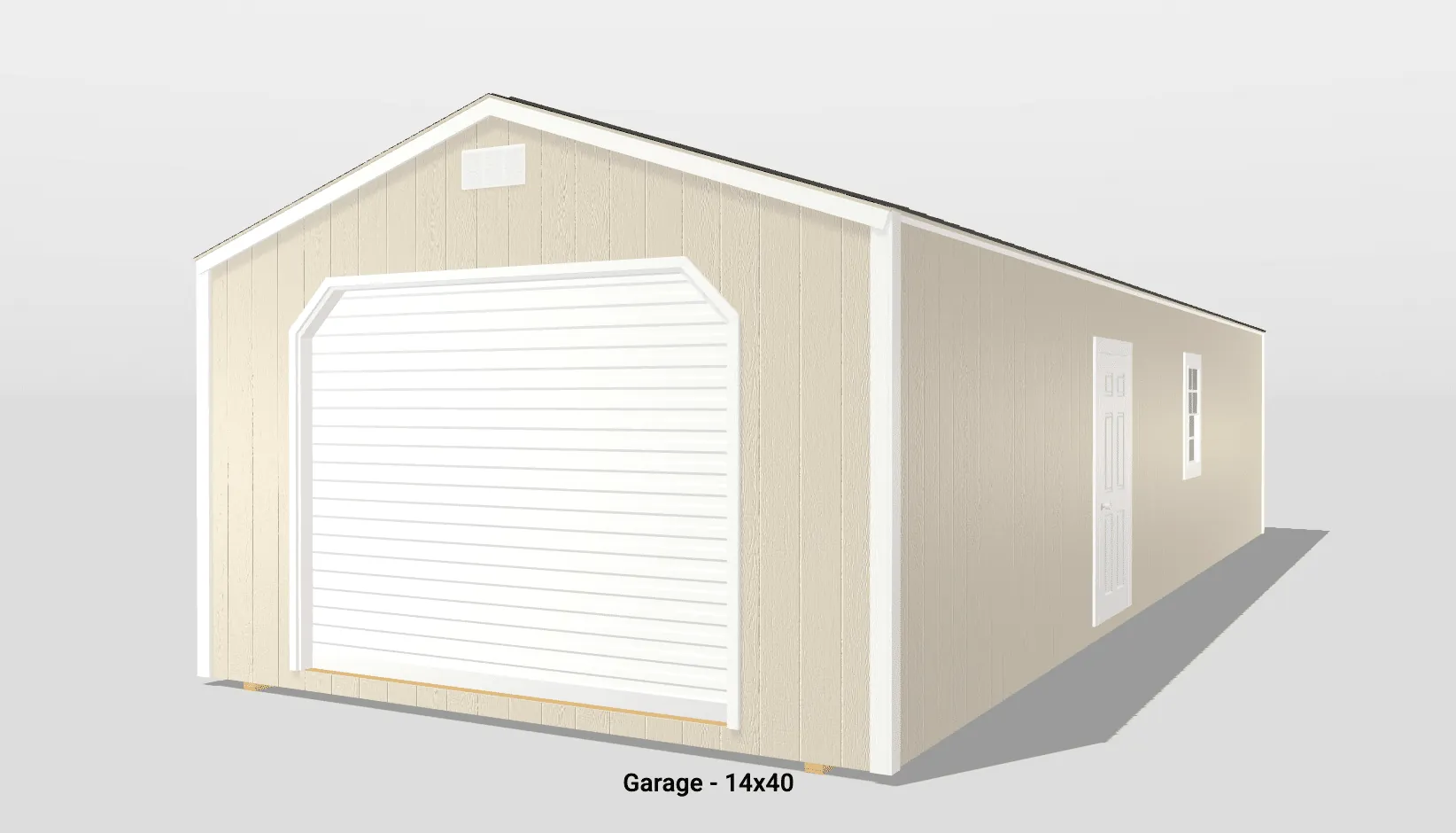 Beige garage with white door, size 14x40