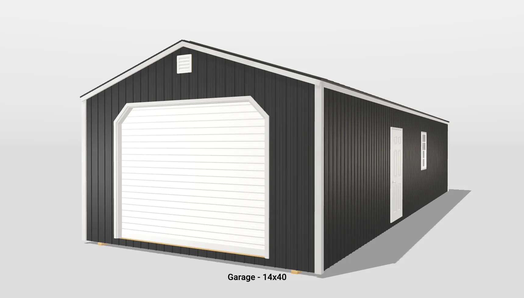 Black metal garage measuring 14x40
