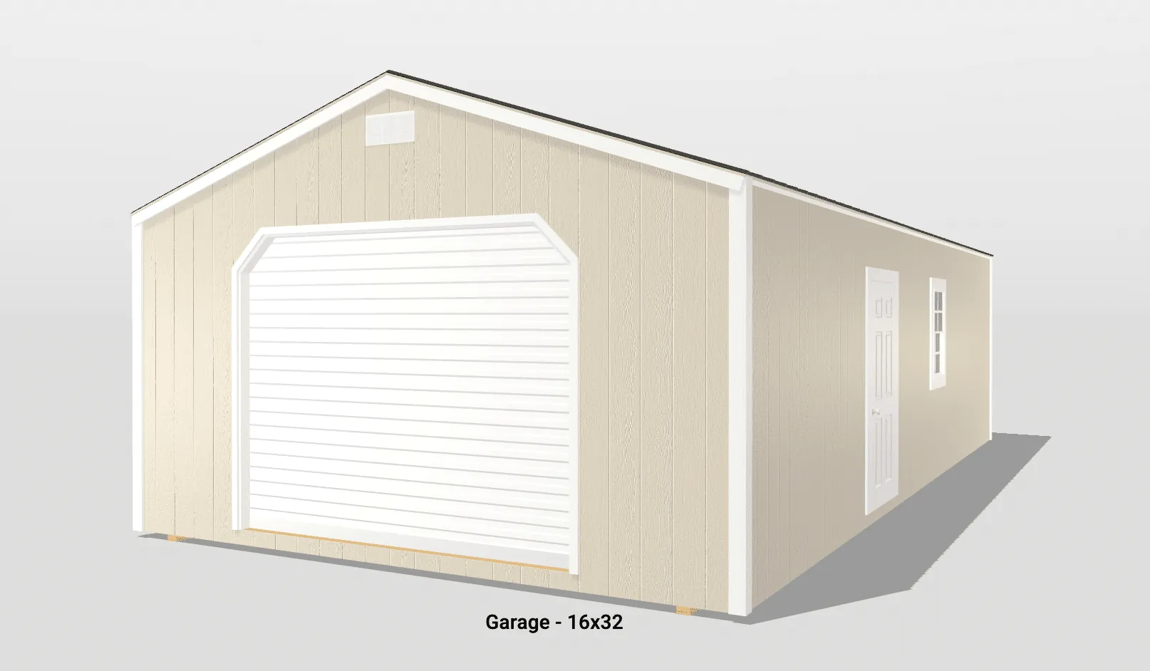 Beige garage with white door, 16x32 size