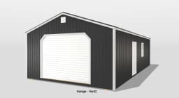 Black metal garage 16x32 with white doors