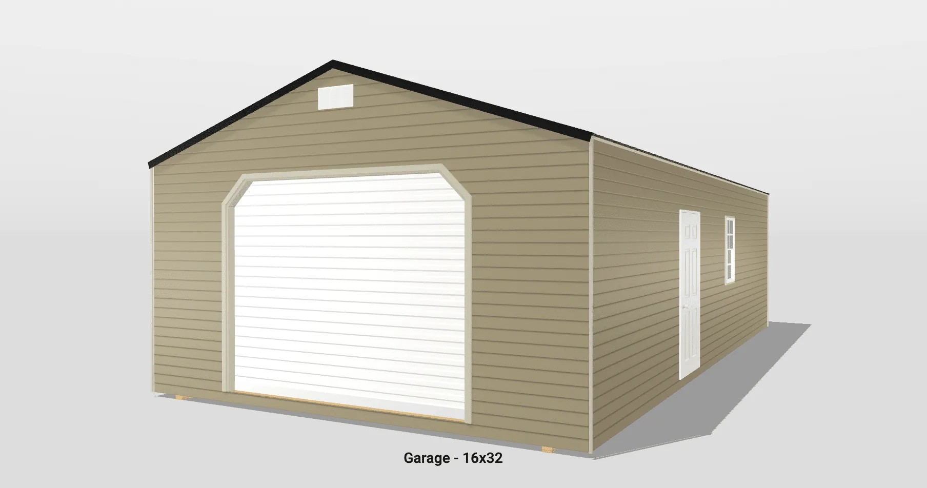 16x32 beige garage with white doors and window.