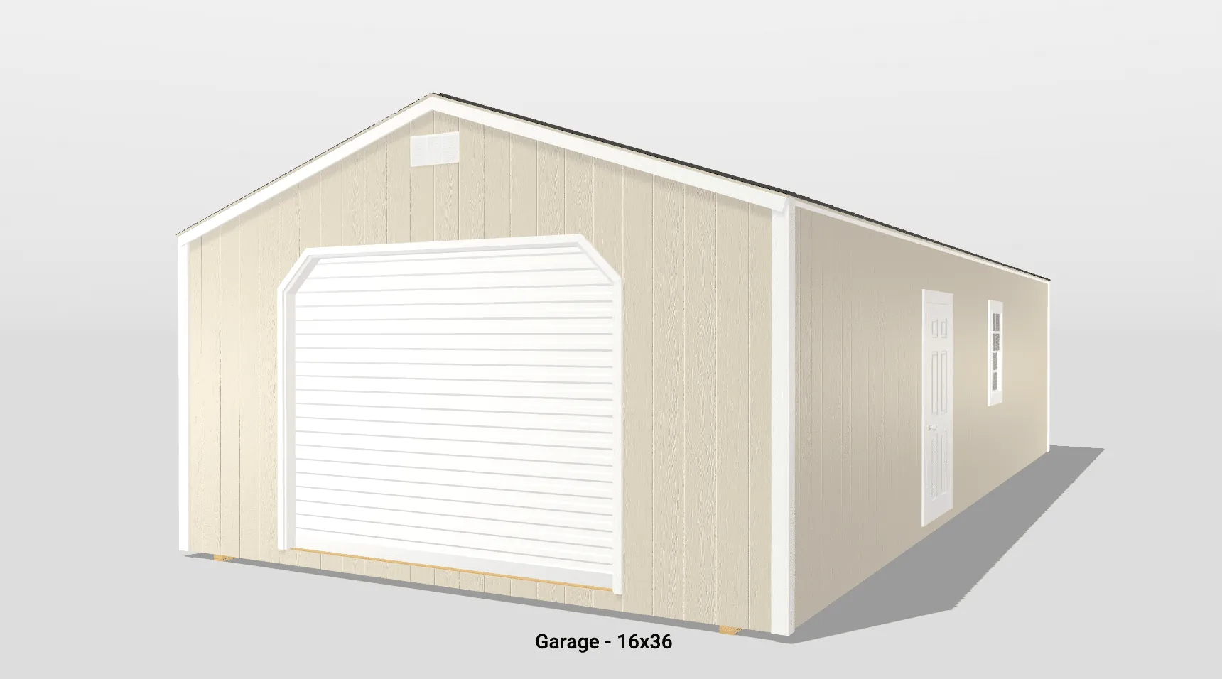 Beige 16x36 garage with white doors