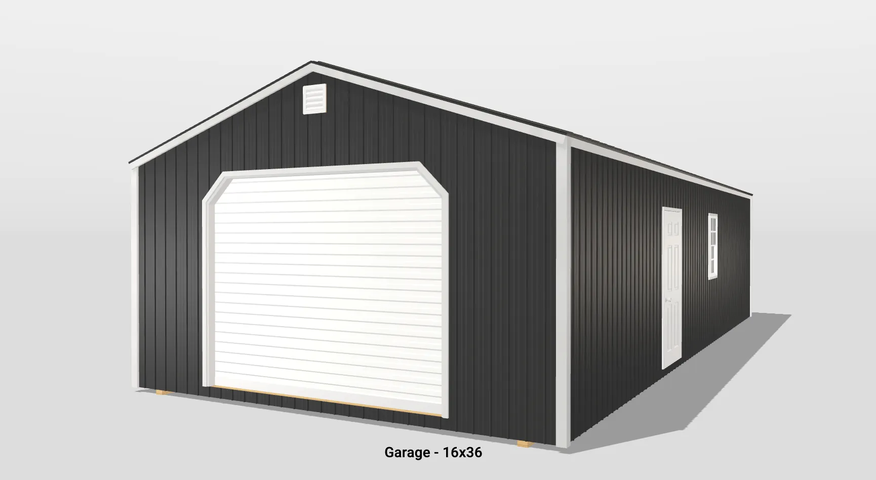 16x36 black metal garage with white doors