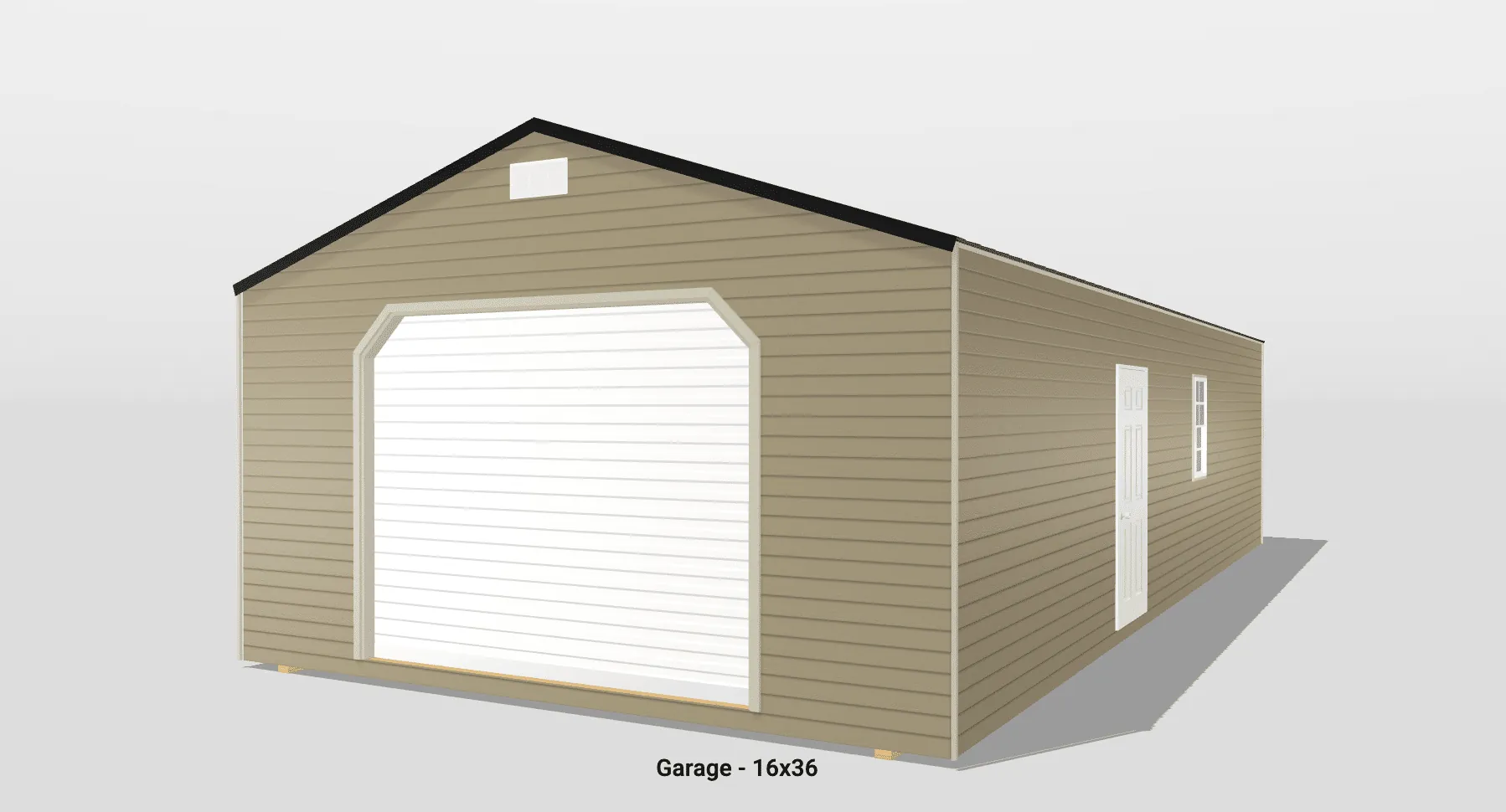 Tan garage building, size 16x36 feet.