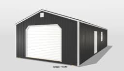 Black and white 16x40 garage building exterior.