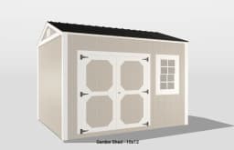 Charming 10x12 garden shed with double doors, window, and stylish pitched roof design.