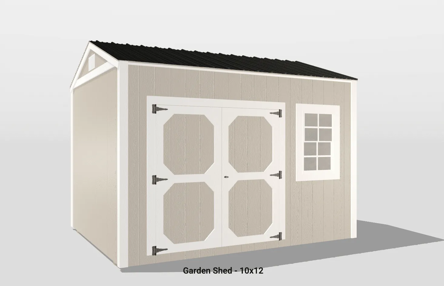 Charming 10x12 garden shed with double doors, window, and stylish pitched roof design.