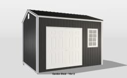 Modern black garden shed with double doors, window, and sloped roof for efficient outdoor storage.