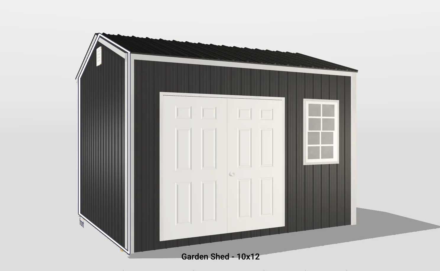 Modern black garden shed with double doors, window, and sloped roof for efficient outdoor storage.