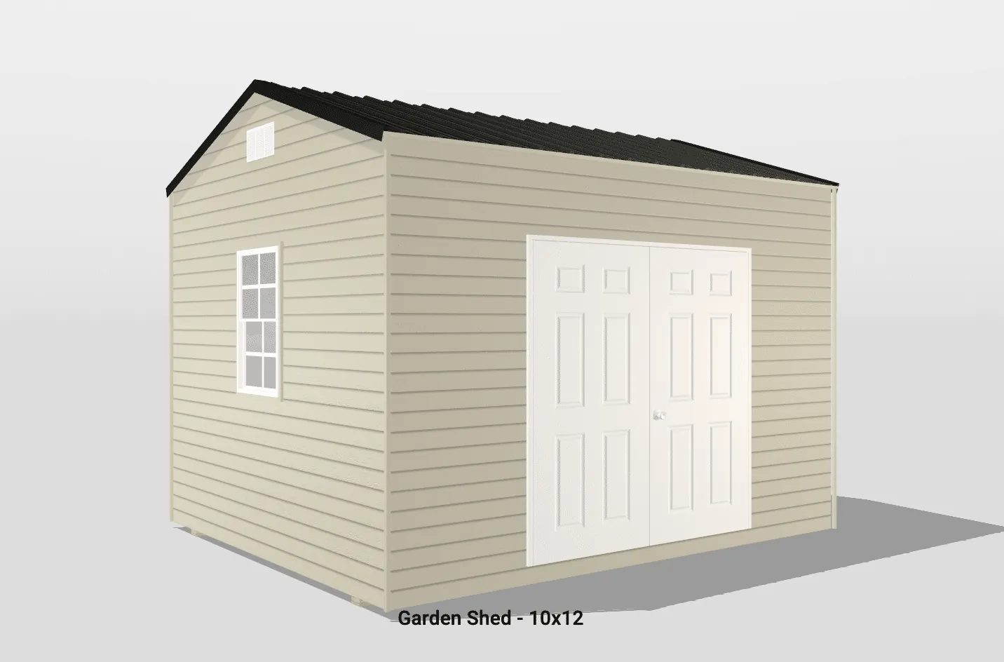 Stylish 10x12 garden shed with double doors, vent, and window for ventilation and natural light.