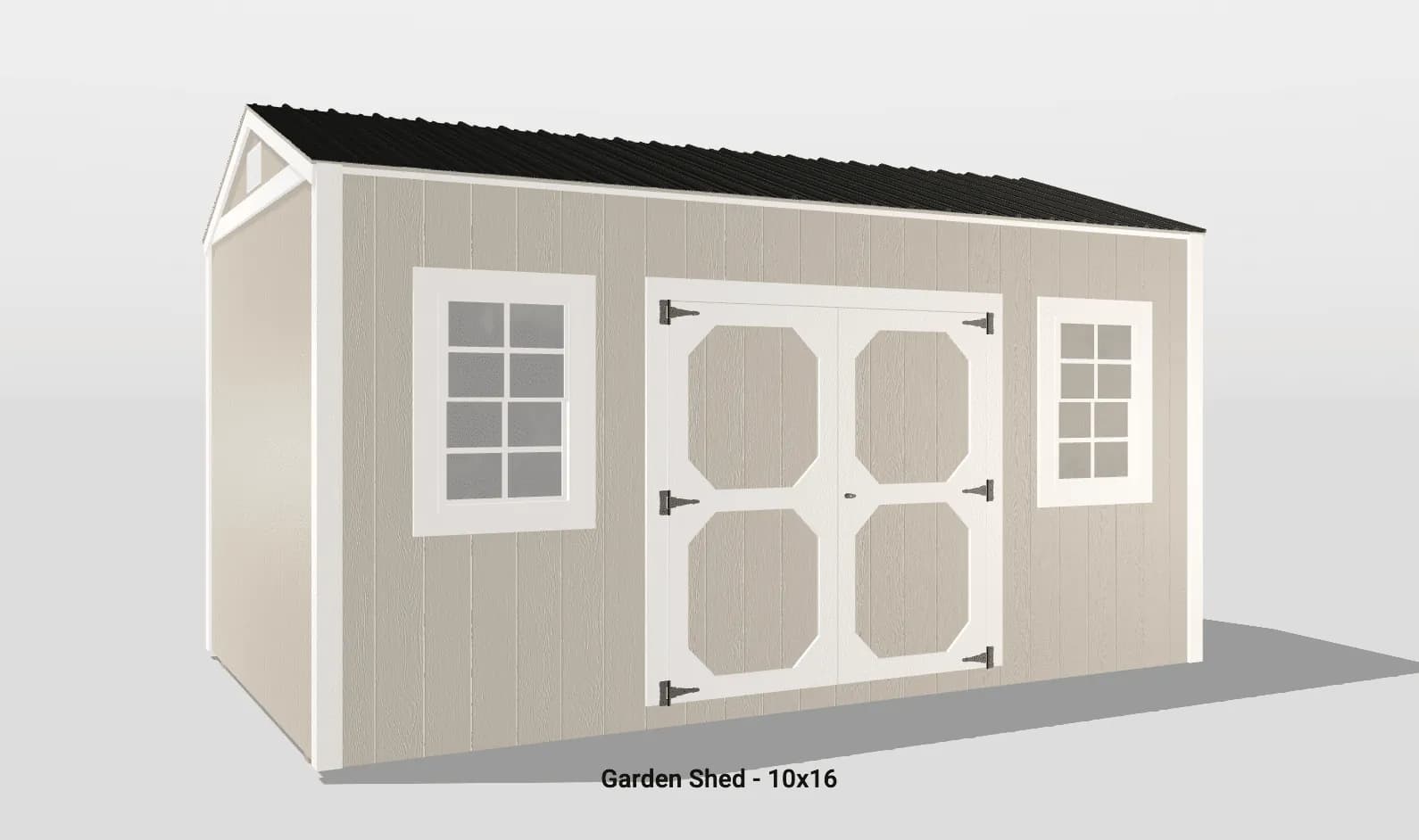 Charming 10x16 garden shed with double doors, gable roof, and bright windows for outdoor storage.