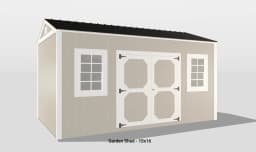Charming 10x16 garden shed with double doors, gable roof, and bright windows for outdoor storage.