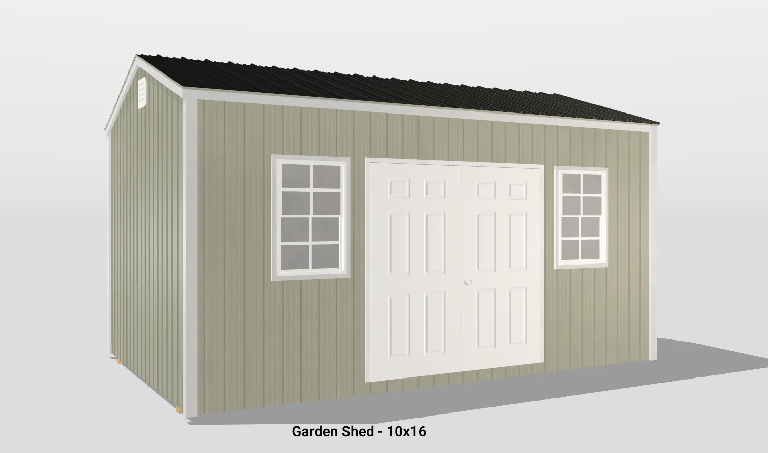Charming 10x16 garden shed with elegant design, windows, double doors, and sloped roof.