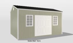 Charming 10x16 garden shed with elegant design, windows, double doors, and sloped roof.