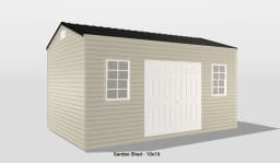 Charming 10x16 garden shed with light beige siding, double doors, and windows for natural light.