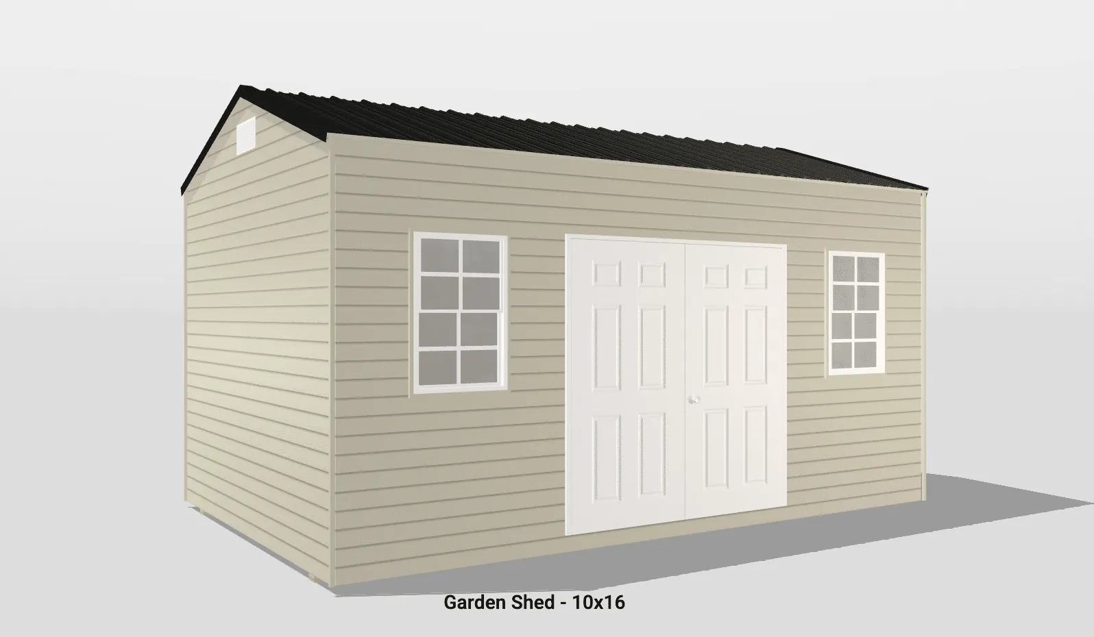 Charming 10x16 garden shed with light beige siding, double doors, and windows for natural light.