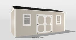 Charming beige garden shed with double doors, windows, and a gable roof for outdoor storage.