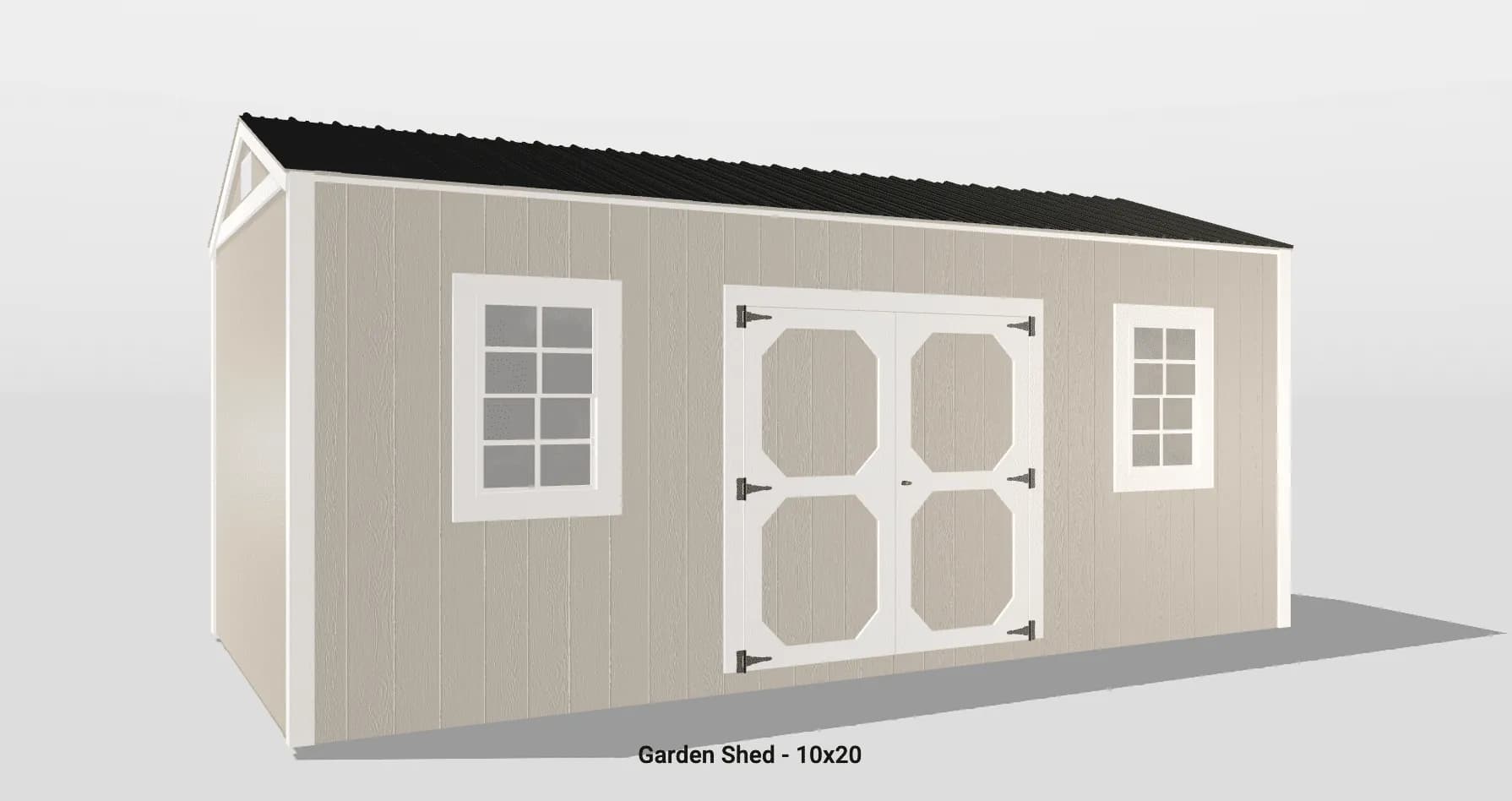 Charming beige garden shed with double doors, windows, and a gable roof for outdoor storage.