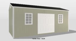 Chic 10x20 garden shed with white double doors, windows, and a stylish gray wooden exterior.
