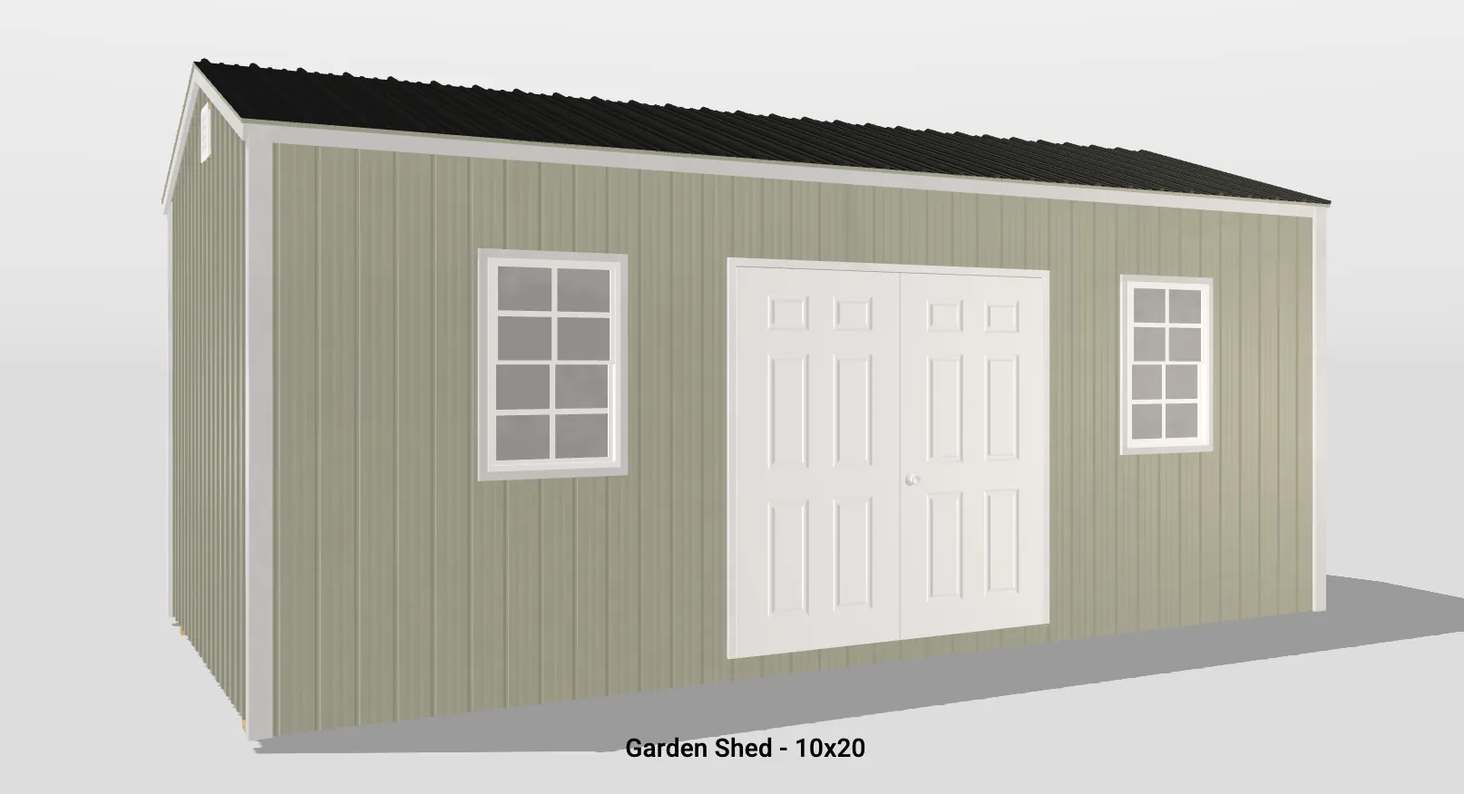 Chic 10x20 garden shed with white double doors, windows, and a stylish gray wooden exterior.