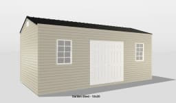 Charming vinyl garden shed with double doors, windows, and a gabled roof for outdoor storage.