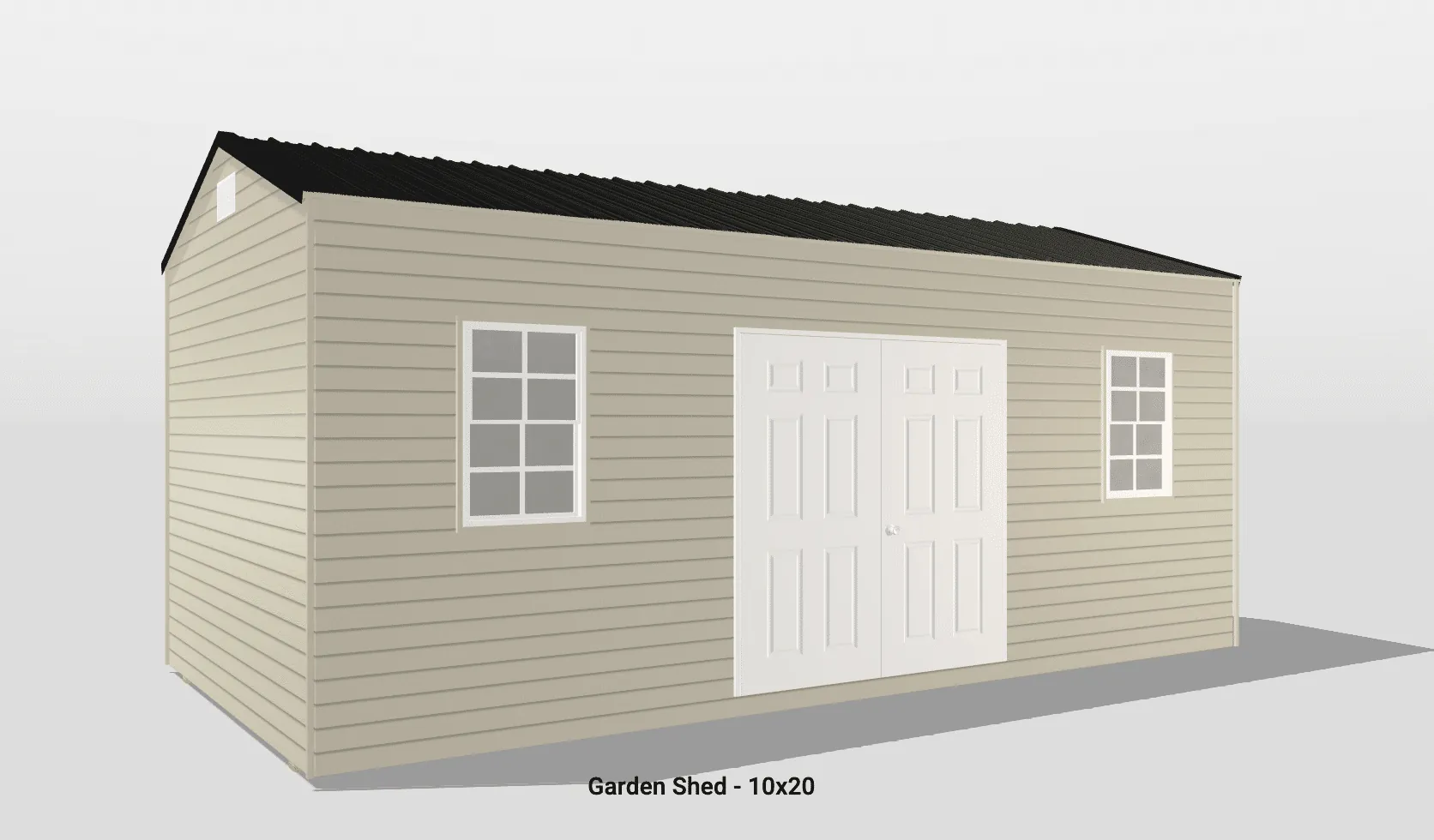 Charming vinyl garden shed with double doors, windows, and a gabled roof for outdoor storage.