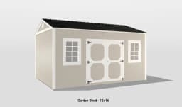 Charming 12x16 garden shed with dual doors, windows, and a durable black metal roof.