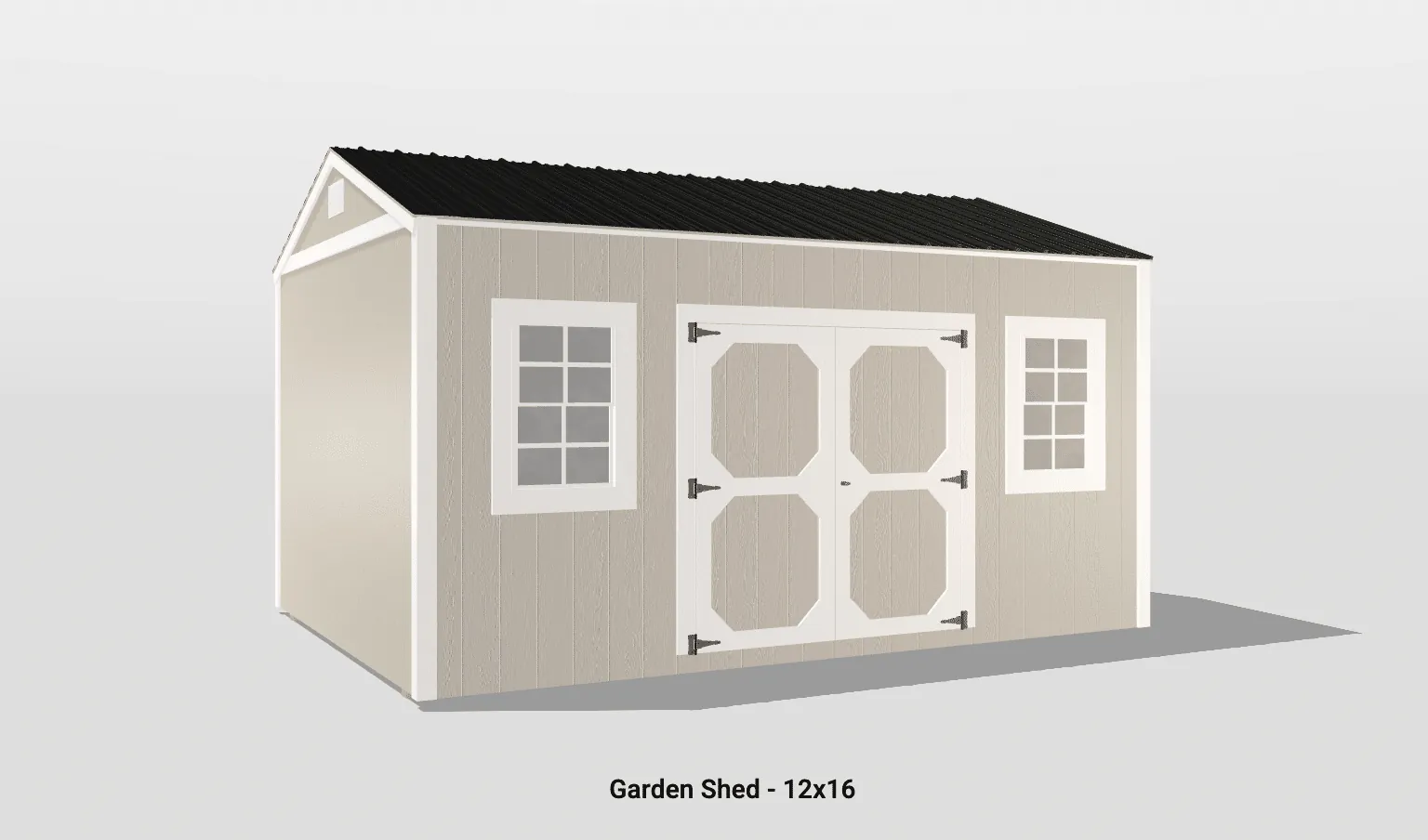 Charming 12x16 garden shed with dual doors, windows, and a durable black metal roof.