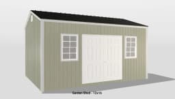 Sleek sage green 12x16 garden shed with double doors and windows for natural light.